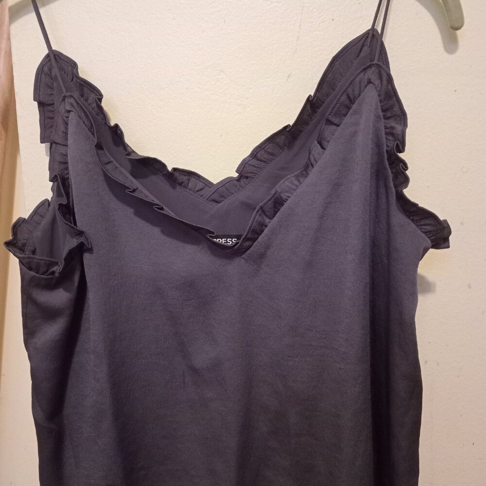 Express Grey Ruffled Spaghetti strap top Size Small - Picture 2 of 11